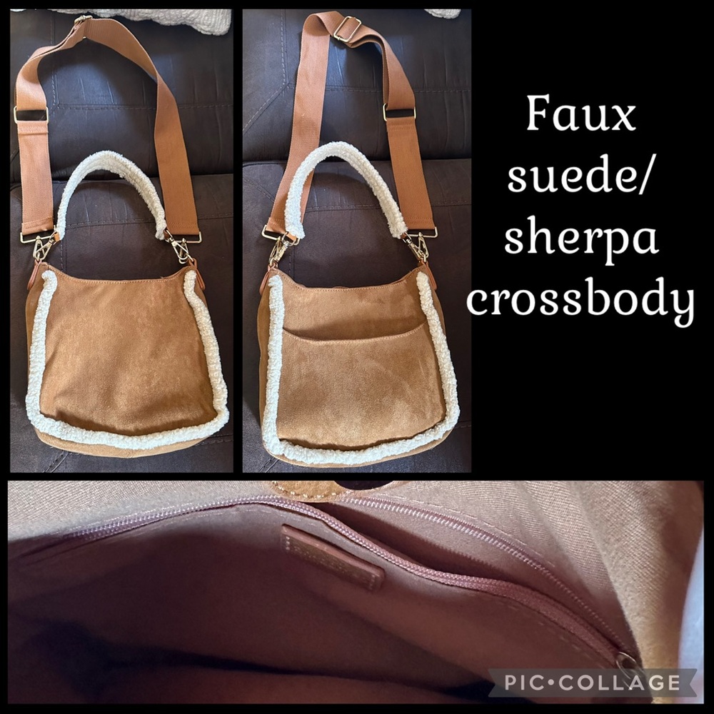 Elegant Tan Faux Suede Crossbody Bag with Sherpa Trim